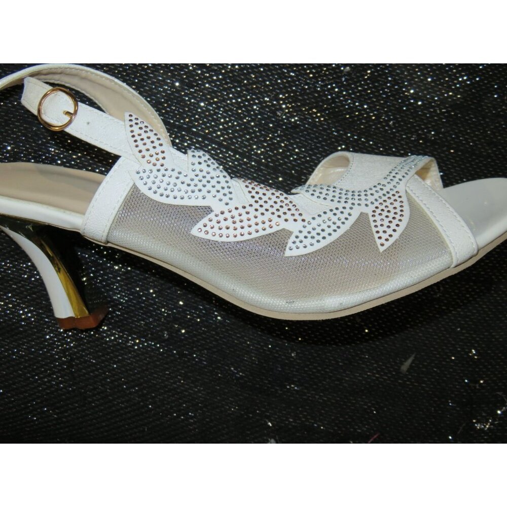 Sniler White Mesh Vegan Leather Slingback Floral Rhinestones Heels size 41 10.5 - Picture 8 of 10